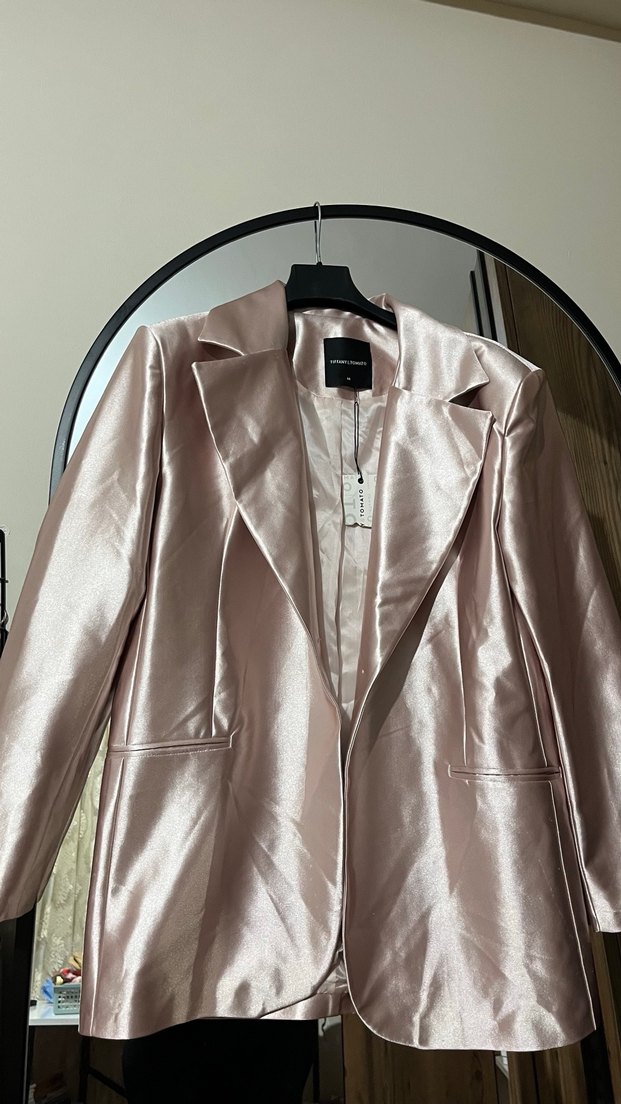 Pembe Parlak Saten Kadın Blazer Ceket - Görsel 3