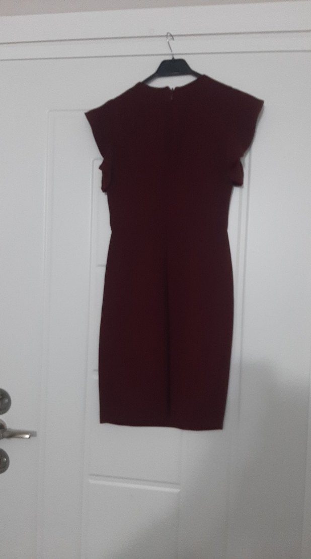 Bordo Kısa Kollu Fırfırlı Kadın elbise - Görsel 4