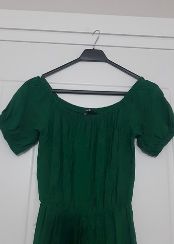 Yeşil Uzun Keten Elbise Volan Detaylı - Görsel 2