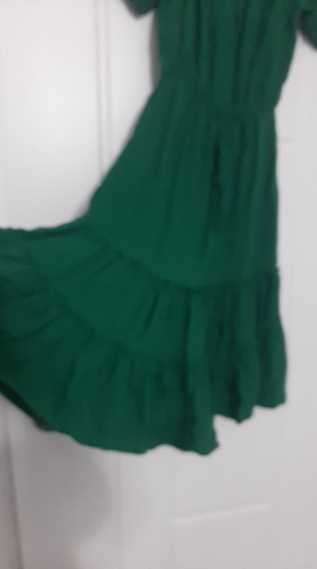 Yeşil Uzun Keten Elbise Volan Detaylı - Görsel 4