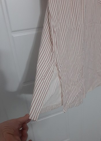 Bej Çizgili Keten Midi Elbise - Görsel 3