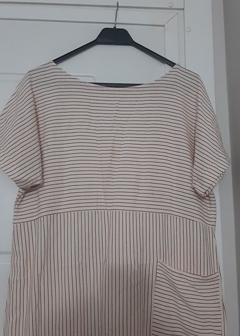 Bej Çizgili Keten Midi Elbise - Görsel 2