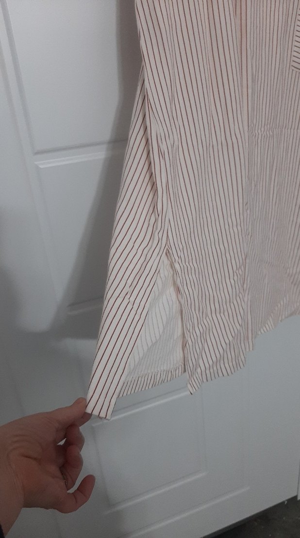 Bej Çizgili Keten Midi Elbise - Görsel 3