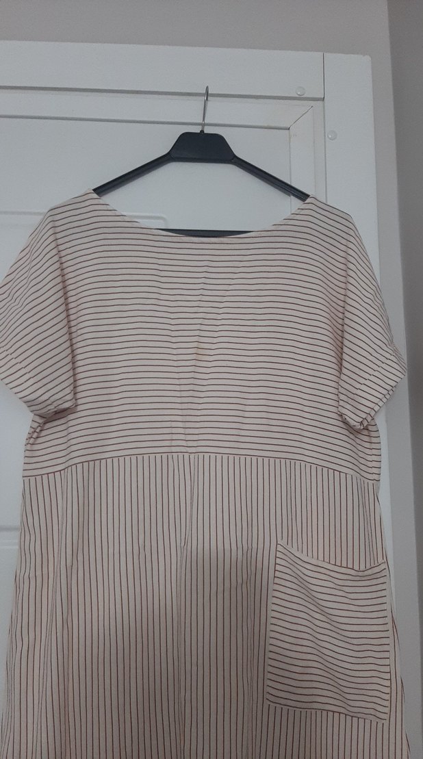 Bej Çizgili Keten Midi Elbise - Görsel 2