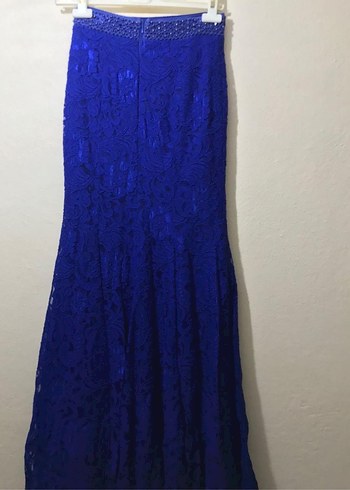 Mavi Dantel İşlemeli Uzun Abiye Elbise - Görsel 4