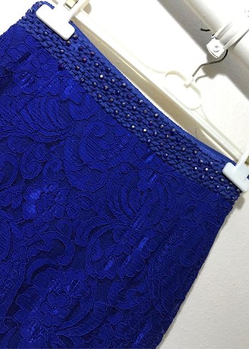 Mavi Dantel İşlemeli Uzun Abiye Elbise - Görsel 5