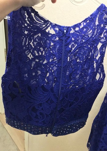 Mavi Dantel İşlemeli Uzun Abiye Elbise - Görsel 3