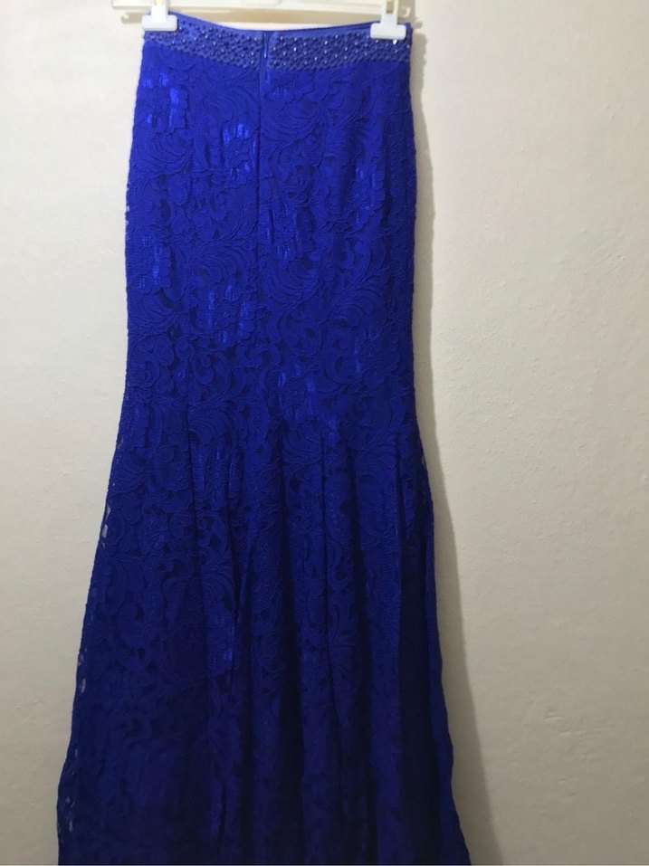 Mavi Dantel İşlemeli Uzun Abiye Elbise - Görsel 4