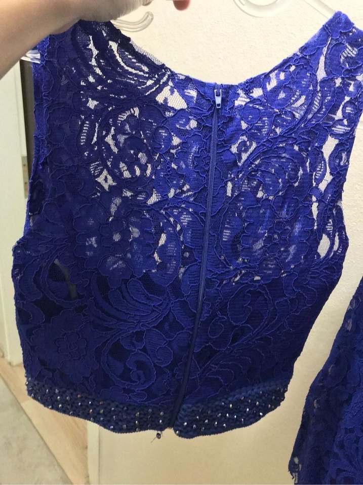 Mavi Dantel İşlemeli Uzun Abiye Elbise - Görsel 3