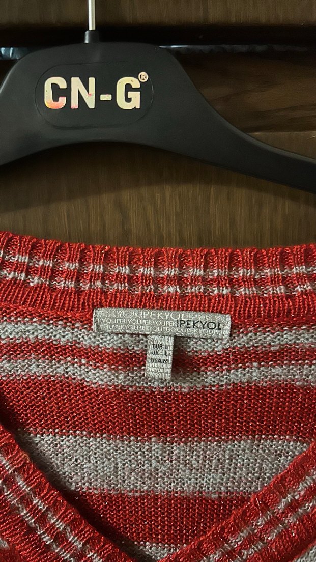 Kırmızı Gri Çizgili V Yaka Kadın #kazak #ipekyol - Görsel 2