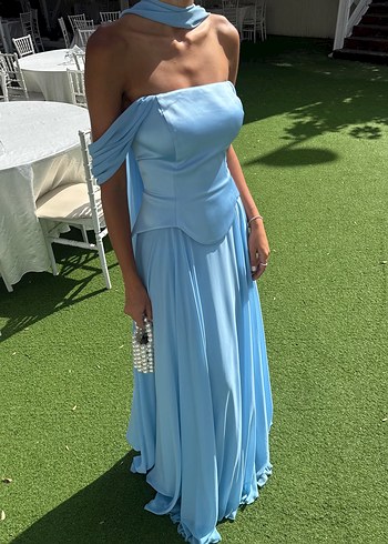 Mavi Drapeli saten Uzun Straplez Kadın Elbise - Görsel 3