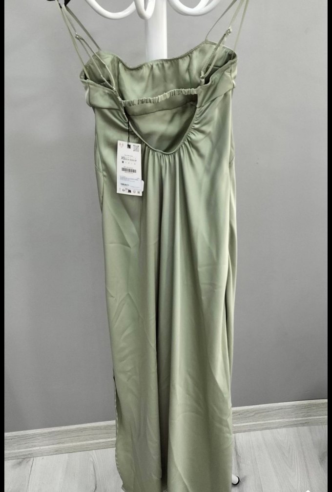 Askılı, Uzun, saten, Dökümlü Kadın Elbise - Görsel 4