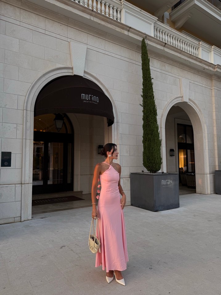 Pembe Uzun Drapeli Askılı Elbise - Görsel 2