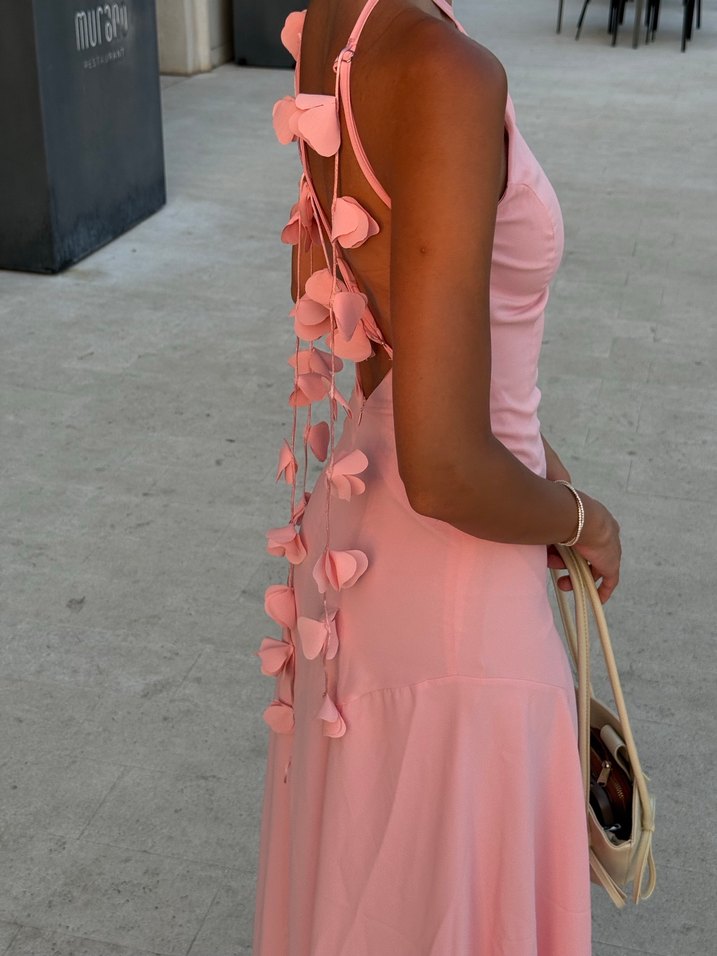 Pembe Uzun Drapeli Askılı Elbise - Görsel 3