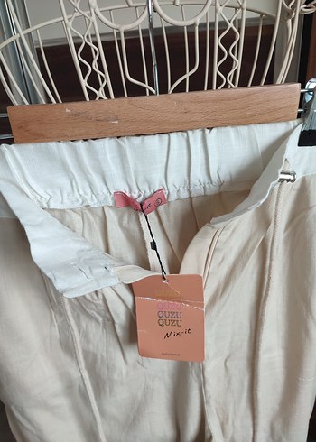 Bej Keten Bol Kesim Kemerli Kadın Pantolon - Görsel 4