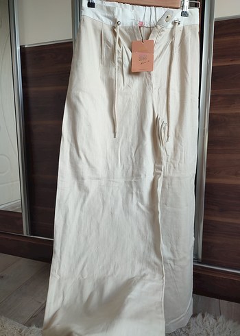 Bej Keten Bol Kesim Kemerli Kadın Pantolon - Görsel 2