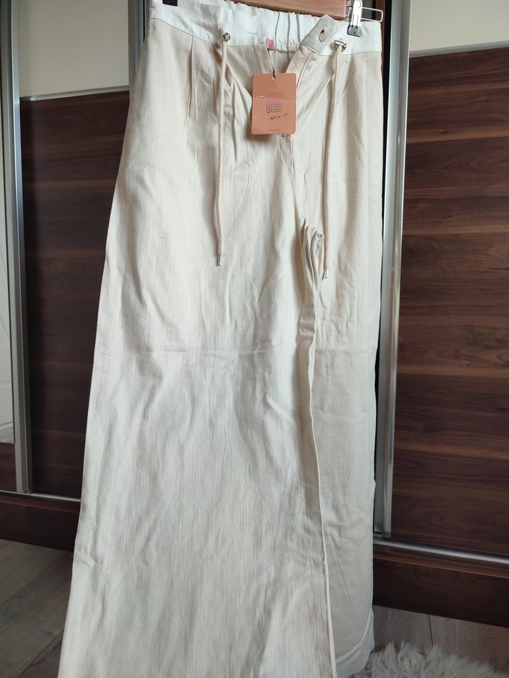 Bej Keten Bol Kesim Kemerli Kadın Pantolon - Görsel 3