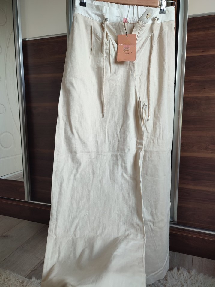 Bej Keten Bol Kesim Kemerli Kadın Pantolon - Görsel 2