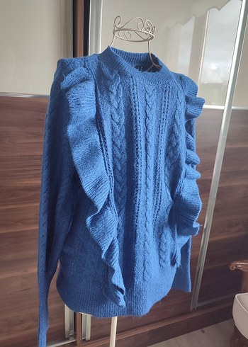 Mavi Örgü Bohem Kadın Kazak - Görsel 3