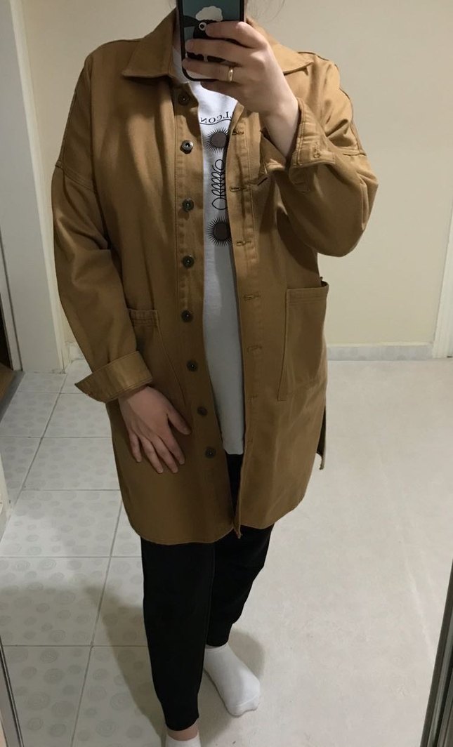 Bej Süet Düğmeli Midi Hamile Kaban - Görsel 3