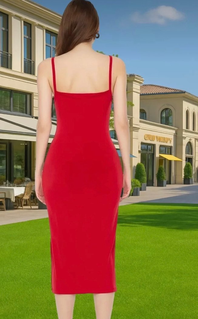 Parlak Kırmızı Midi Straplez Elbise - Görsel 2