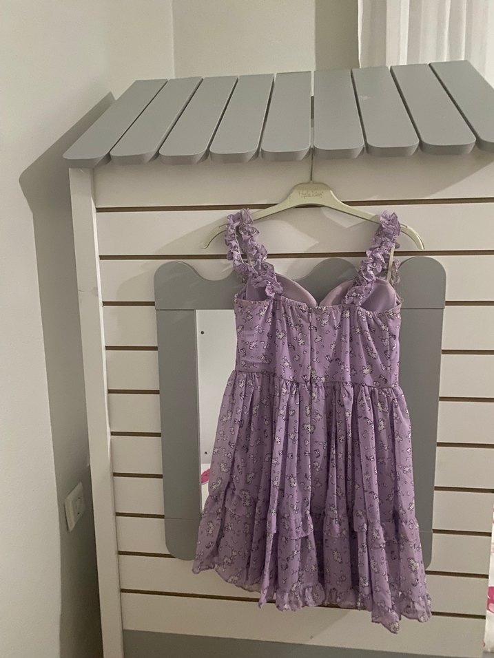 Mor Nakışlı Dantelli Mini Elbise - Görsel 2