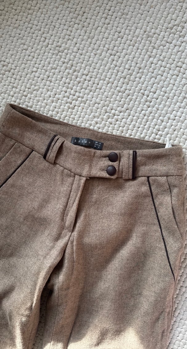 Düğmeli Bej Kadın Yün Kumaş Pantolon - Görsel 3