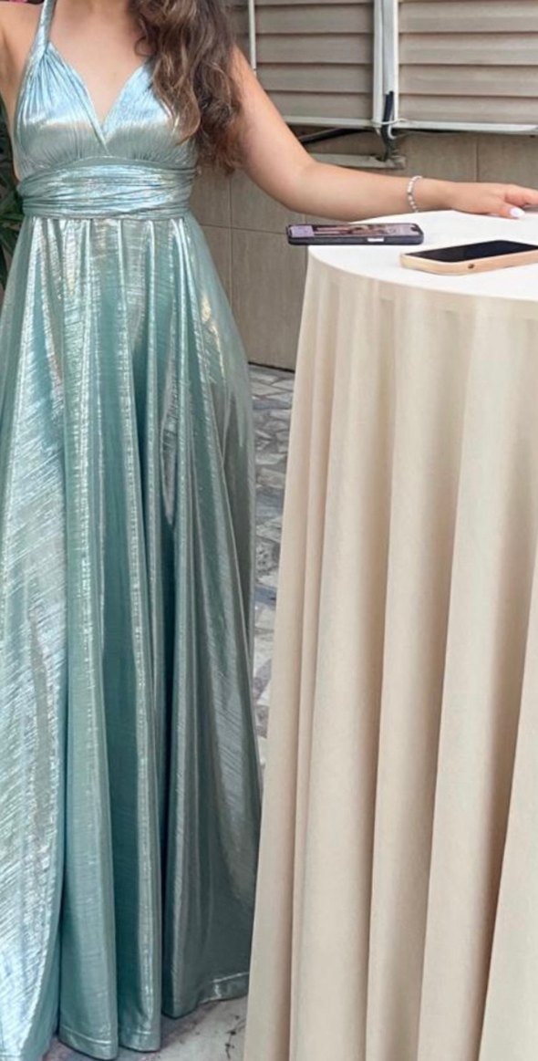 Betty & Sam Parlak Turkuaz Drapeli Uzun Abiye Elbise - Görsel 2