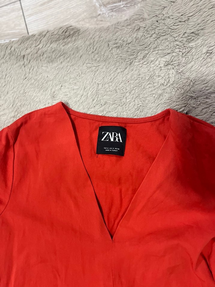 ZARA Kırmızı V Yaka Midi Elbise - Görsel 2