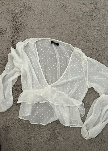 Bershka Beyaz V Yaka Puantiyeli Fırfırlı Bluz - Görsel 4