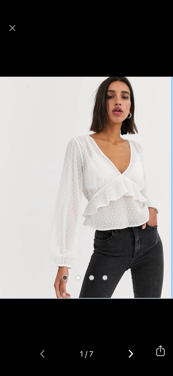 Bershka Beyaz V Yaka Puantiyeli Fırfırlı Bluz - Görsel 2