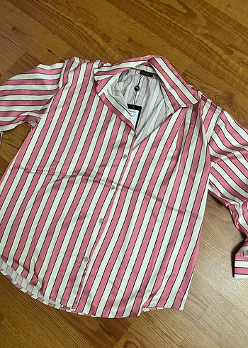 Pembe Çizgili Uzun Kollu Kadın Gömlek