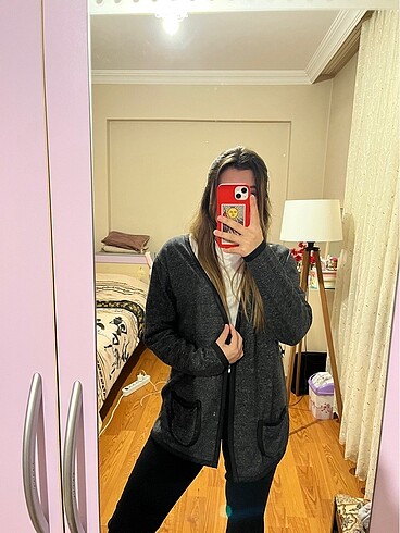 Koyu gri uzun hırka