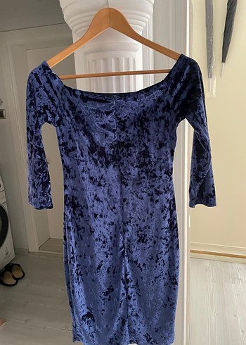 Uzun Kollu Mavi Midi Kadife Elbise - Görsel 2