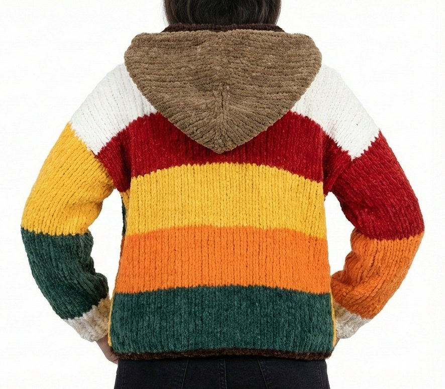 El Örgüsü Kadife İp kapşonlu Bayan Hırka - Görsel 2