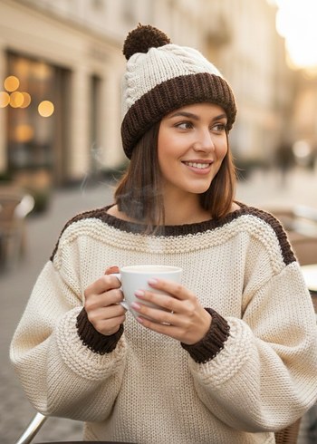 El Örmesi Ponponlu Bere - Krem & Acı Kahve - Görsel 3