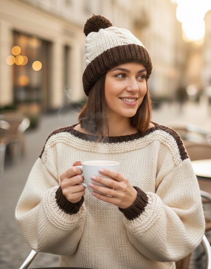 El Örmesi Ponponlu Bere - Krem & Acı Kahve - Görsel 3