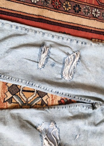 Kadın Mavi Bol Kesim Yırtık Denim Pantolon - Görsel 2