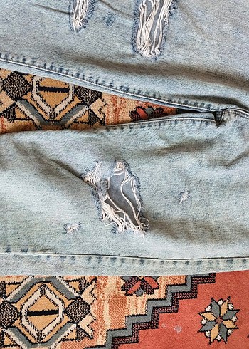 Kadın Mavi Bol Kesim Yırtık Denim Pantolon - Görsel 6