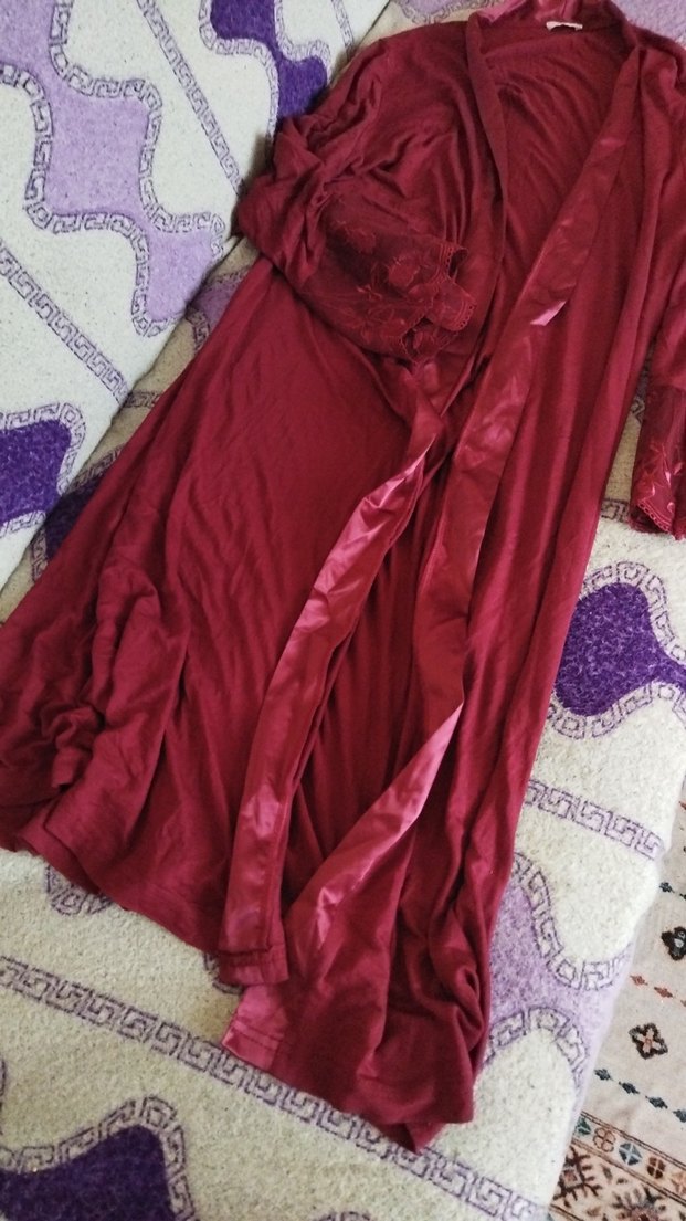 Bordo Uzun Kollu Bohem Kadın Gecelik sabahlık - Görsel 2