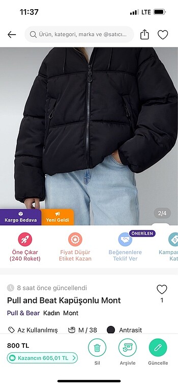 Pull and Bear Pull and Bear Kapüşonlu Mont