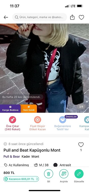 m Beden Pull and Bear Kapüşonlu Mont