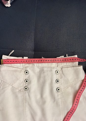 Düğmeli Beyaz Midi Keten Etek - Görsel 5