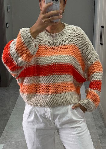 Çizgili Oversize Triko Kadın Kazak