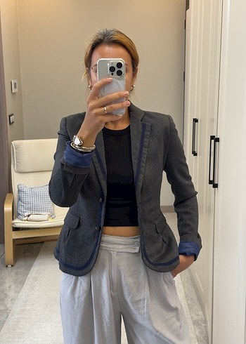 Gri Denim Düğmeli Kadın Blazer Ceket