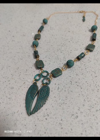 Uzun Zincir Detaylı Turkuaz Bohem Kolye - Görsel 3