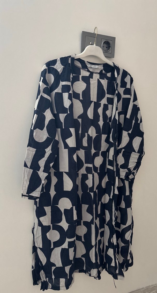 Baskılı Siyah Gri Uzun Kollu Uzun Kimono - Görsel 2