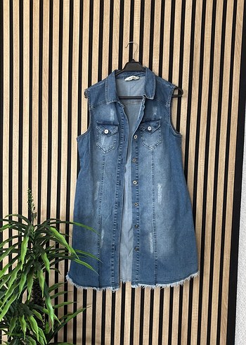 Düğmeli Uzun Bağcıklı Kot Yelek - Görsel 2