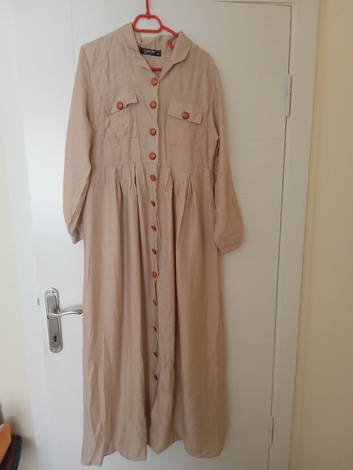 Bej Düğmeli Uzun Keten Elbise - Görsel 2