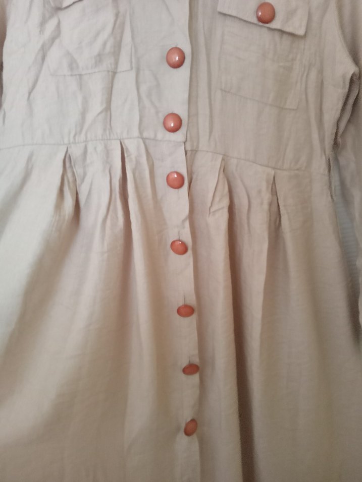 Bej Düğmeli Uzun Keten Elbise - Görsel 4